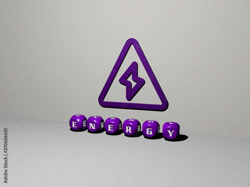 Poster 3d graphical image of energy vertically along with text built by metallic cubic letters from the top