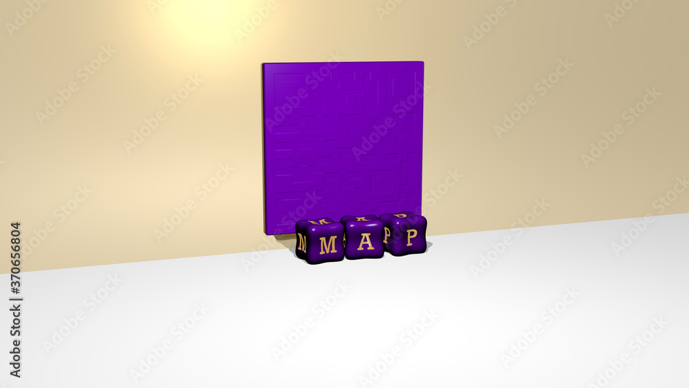 Poster 3d graphical image of map vertically along with text built by metallic cubic letters from the top pe