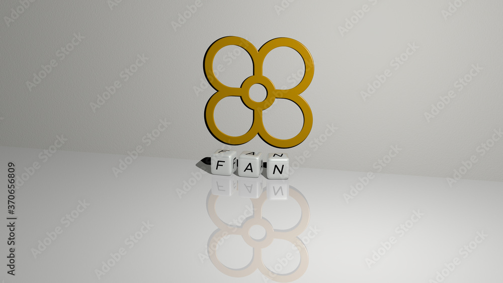 Poster fan text of cubic dice letters on the floor and 3d icon on the wall. 3d illustration. background and