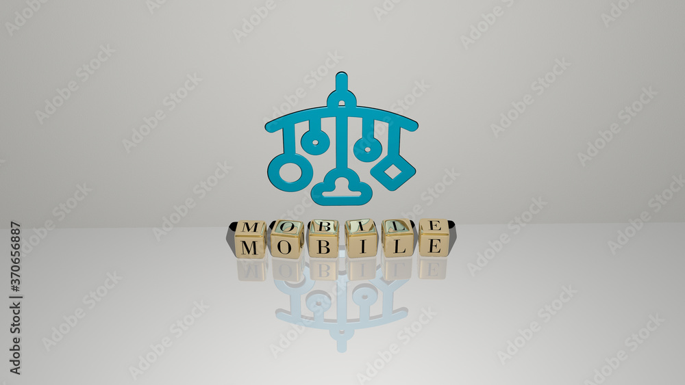 Aufkleber mobile text of cubic dice letters on the floor and 3d icon on the wall. 3d illustration. design and 