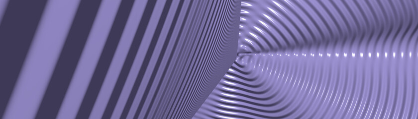 Ultra wide 3D illustration of a geometrical shape of MEDIUM SLATE BLUE color on a white abstract background as a curved and glossy surface with direct light reflection. black and design