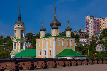 Assumption Admiralty Church in Voronezh (Russia). In the foreground is a row of antique cannons