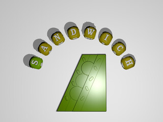 sandwich icon surrounded by the text of individual letters. 3D illustration. food and bread
