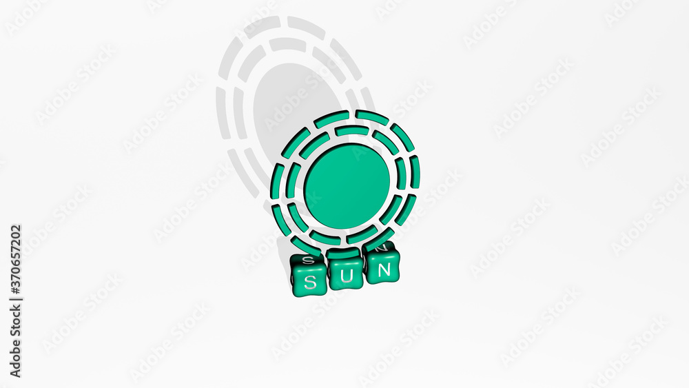 Aufkleber sun 3d icon object on text of cubic letters. 3d illustration. background and beautiful