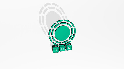 SUN 3D icon object on text of cubic letters. 3D illustration. background and beautiful