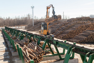 An industrial loader loads logs into a conveyor at a sawmill