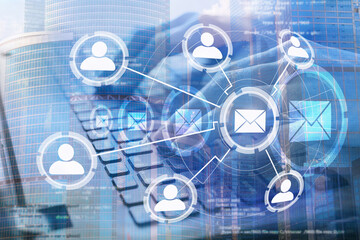 email campaign, direct sales in business concept, double exposure of hands on keyboard and office...