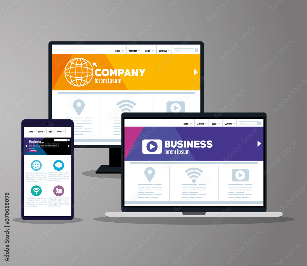 Poster mockup responsive web, concept website development in desktop computer, laptop and smartphone vector