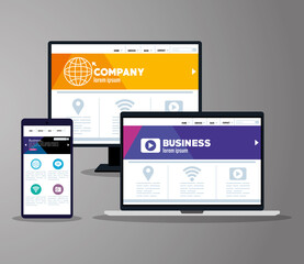 mockup responsive web, concept website development in desktop computer, laptop and smartphone vector illustration design