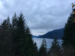 Landscape view of lakeside forest mountains at dusk