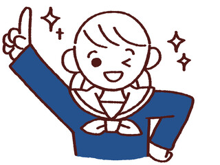 腰に手をあてて指を上にあげてウィンクする女の子 