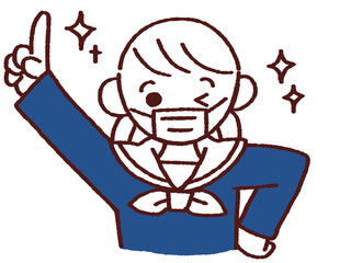 腰に手をあてて指を
上にあげてウィンクする女の子 マスク姿