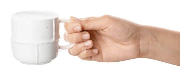 Female hand with cup of hot coffee on white background