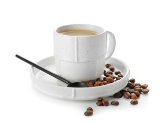 Cup of hot coffee on white background