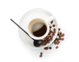 Cup of hot coffee on white background