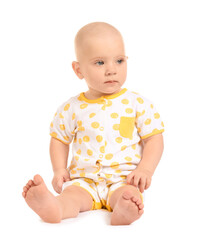 Portrait of cute little baby on white background