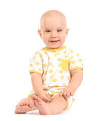 Portrait of cute little baby on white background