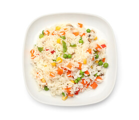 Plate with tasty pilaf on white background