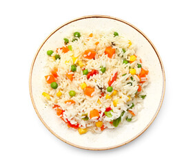 Plate with tasty pilaf on white background