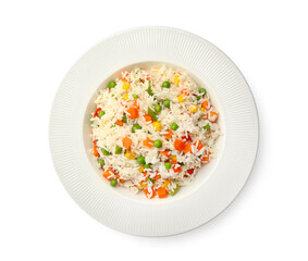 Plate with tasty pilaf on white background