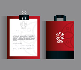 corporate identity brand mockup, clipboard and bag paper of red mockup with white sign vector illustration design