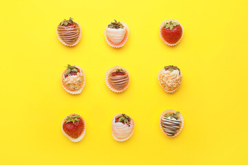 Tasty strawberry dipped in chocolate on color background