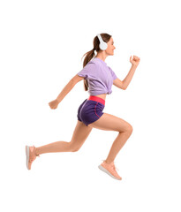 Fototapeta premium Sporty running young woman with headphones on white background