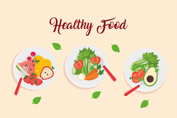 banner with fruits and vegetables in dishes, healthy food concept vector illustration design