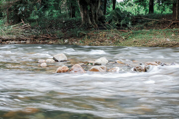 River stream flow on high mysterious mountainous deep jungle.Scenery of rainforest and river with rocks.Wild, vivid vegetation of tropical forest.
