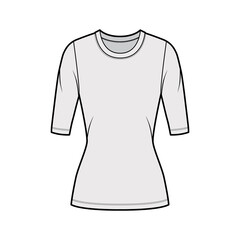 Crew neck jersey sweater technical fashion illustration with elbow sleeves, close-fitting shape, tunic length. Flat outwear apparel template front grey color. Women men unisex top CAD mockup