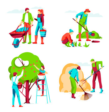 People working and harvesting in garden. Farm workers planting seedlings, picking apples, moving hay in haystack. Organic gardening, eco farming and agriculture concept flat vector illustration