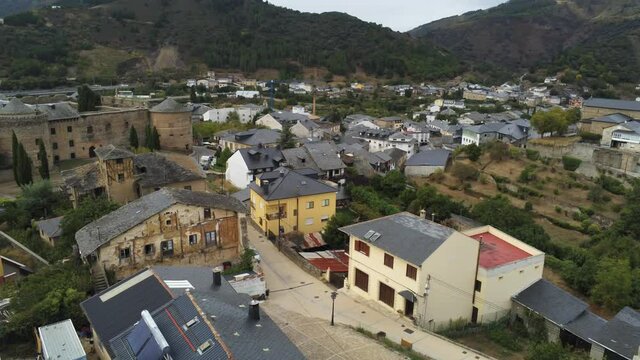 Villafranca del Bierzo, village in El Camino de Santiago. Leon Galicia,Spain. Aerial Drone Footage