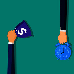 Buy time and sell time. Time to exchange money. Time is money. vector illustration