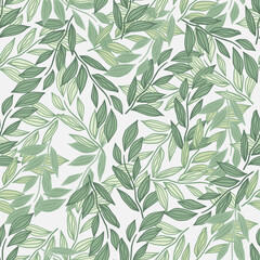 Fototapeta na wymiar Seamless light pattern with outline foliage silhouettes. Leaves with green contour. White background. Isolated random floral print.