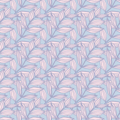 Pastel tones seamless pattern with outline leaves ornament. Pink foliage with blue contour. Simple floral backdrop.