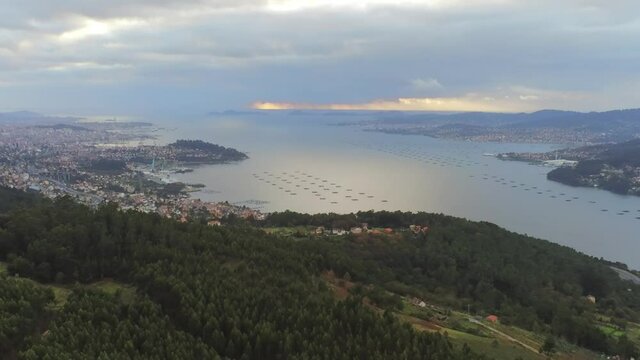 Vigo. Rias Baixas.Beautiful landscape of Ria de Vigo. Pontevedra. Galicia,Spain. Aerial Drone Footage