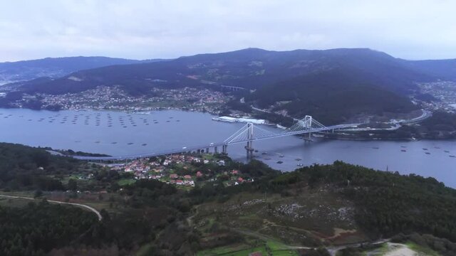 Bridge over Ria de Vigo. Pontevedra. Galicia,Spain. Aerial Drone Footage