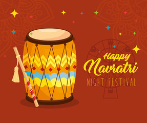 Fototapeta na wymiar night festival, happy navratri celebration poster, with drum vector illustration design