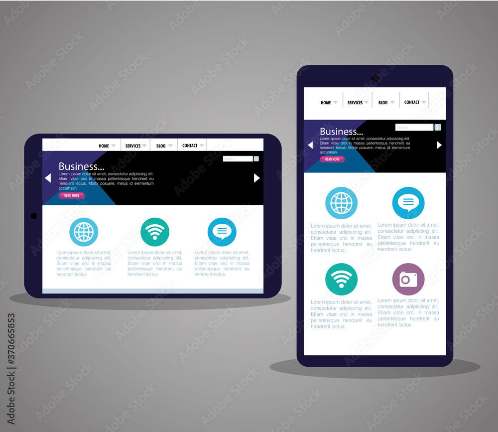 Poster mockup responsive web, concept website development in smartphone and tablet device vector illustrati