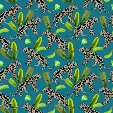 Tropical seamless pattern with leopards and palm leaves.