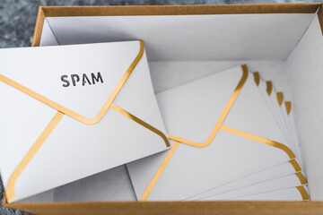 concept of inbox organisation, group of envelopes inside box metaphor of email inbox and some marked as spam or mailing list content
