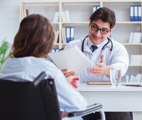 Female patient visiting male doctor for regular check-up in hosp