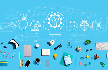 Future technology concept with collection of electronic gadgets and office supplies