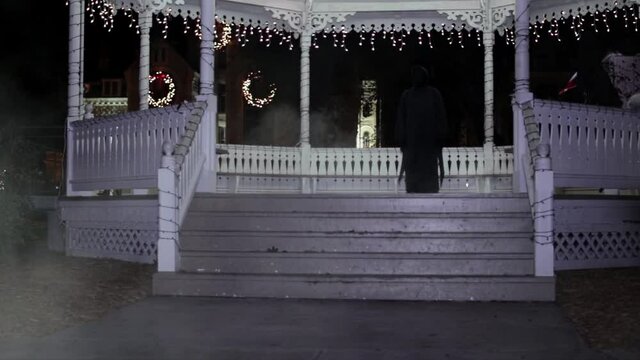 WIDE-SHOT of Grim Reaper standing in front of Christmas lights