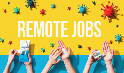 Remote Jobs Covid-19 theme with person washing their hands with sanitizer