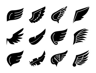 feather and wings icon set, silhouette style