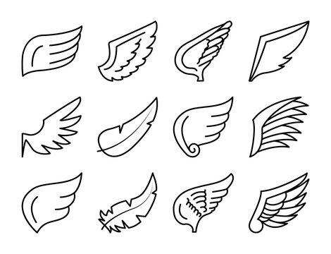 feather and wings icon set, line style