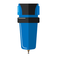 Detail for purification of water from the well on white background. Isolated blue plastic flask for filtering in flat style.