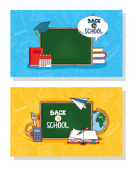 banners of back to school, and supplies education vector illustration design