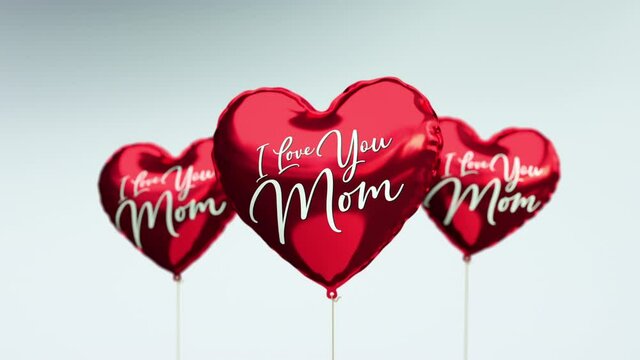Red heart balloons with beautiful i love you mom  typography. Seamless looping 3d animation with luma channel.